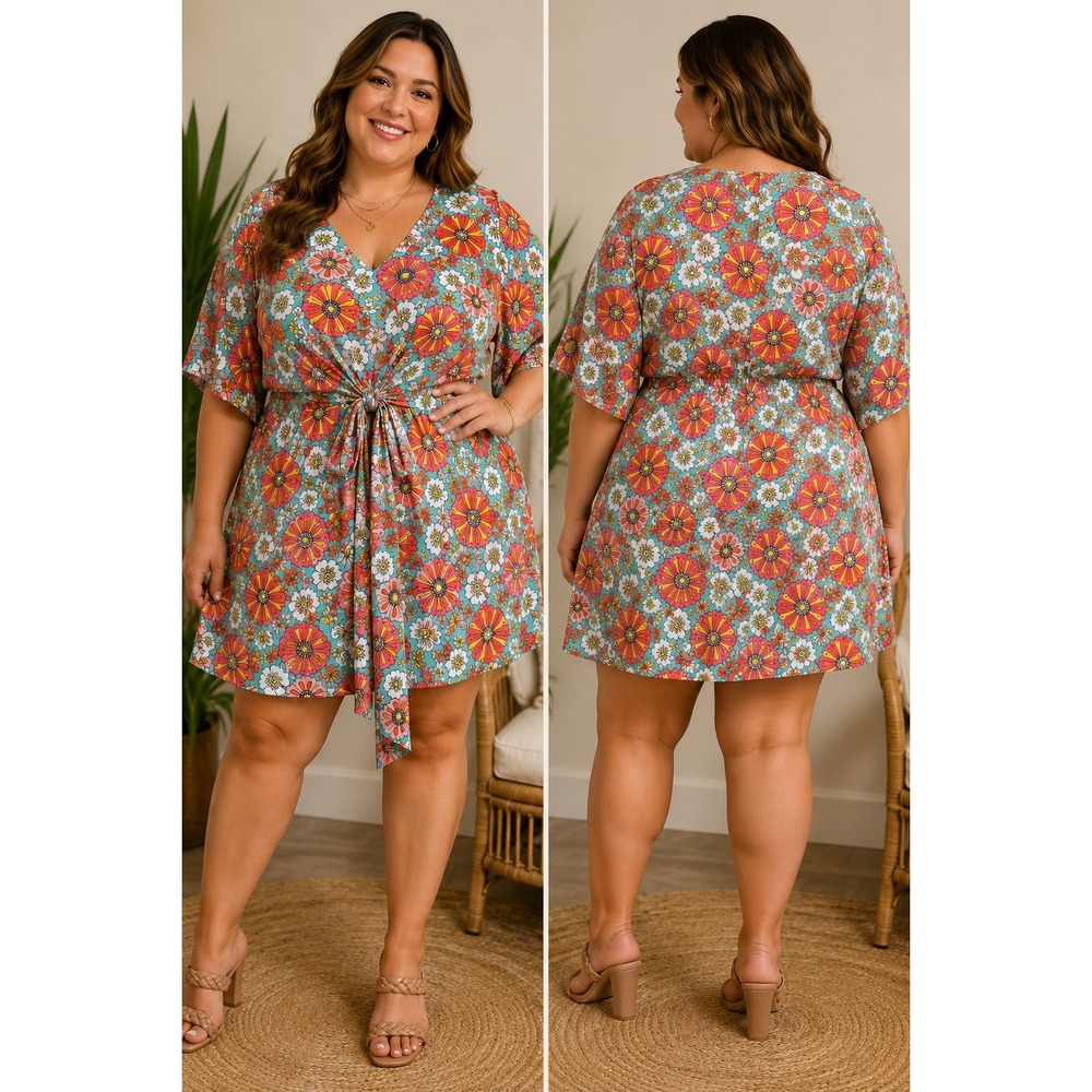 Smak Parlour Retro Floral Dress Womens One Size Plus Turquoise Pink Boho NWT